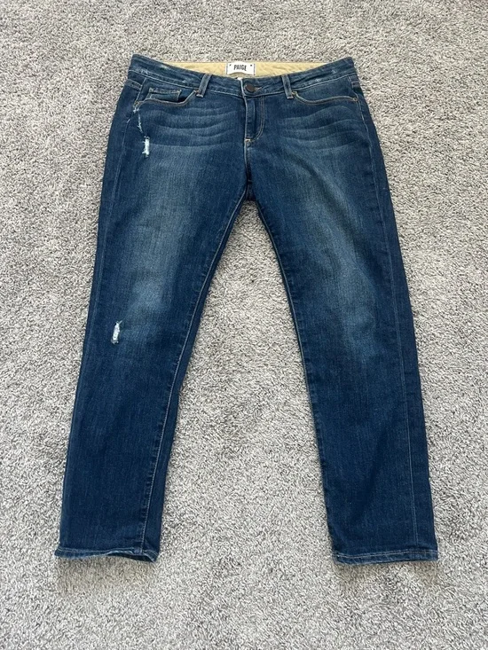 Paige Jimmy Jimmy Distressed Medium Blue Crop Stretch Denim Jeans - Size 28 - Picture 2 of 13